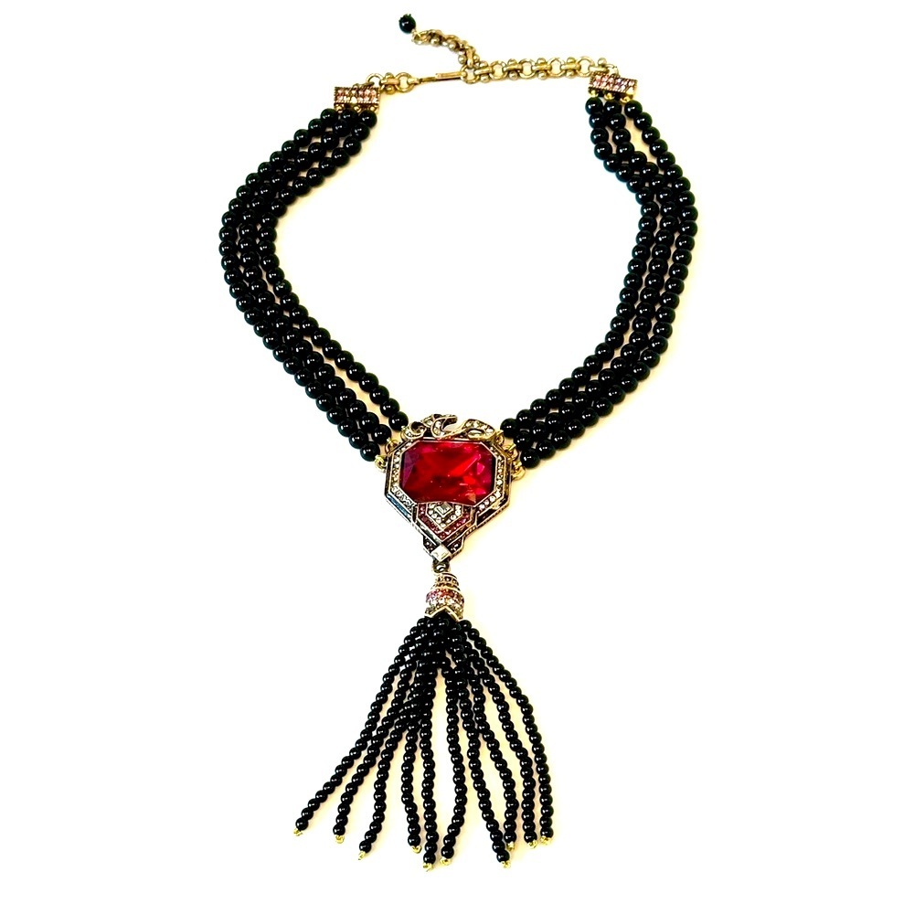 BLACK BEADED Luxurious Tassel Necklace w/Ornate Detailing & Ruby Red Stone | NWT